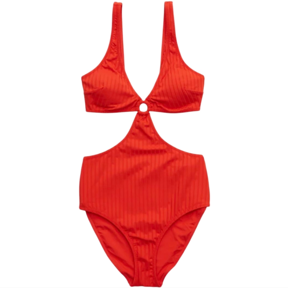 Aerie Heart Red Wide Rib Cut Out Ring One Piece Swimsuit - Size Large Long